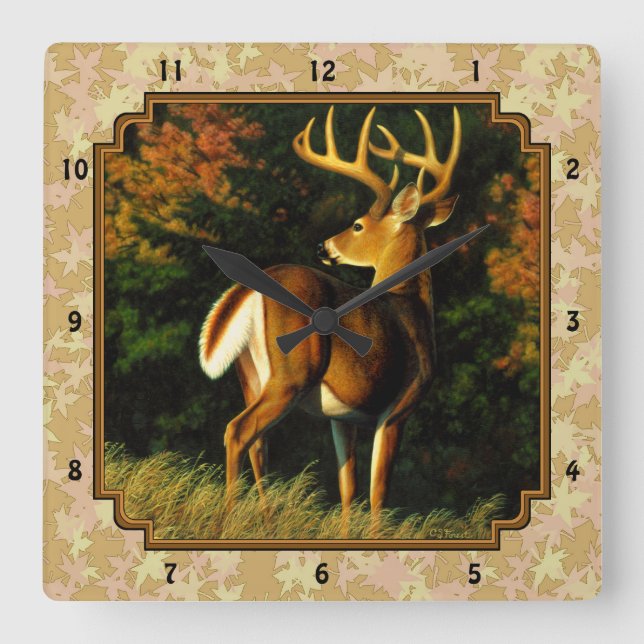 Whitetail Buck Autumn Leaves Square Wall Clock (Front)