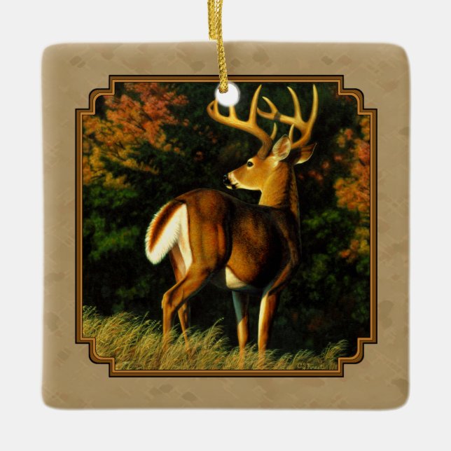 Whitetail Buck Deer Hunting Tan Ceramic Tree Decoration (Front)