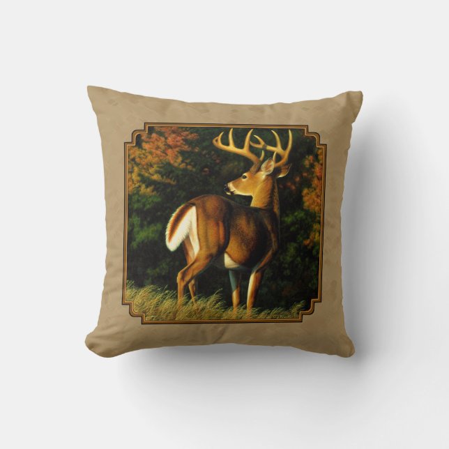 Whitetail Buck Deer Hunting Tan Cushion (Front)