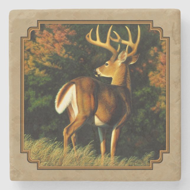 Whitetail Buck Deer Hunting Tan Stone Coaster (Front)