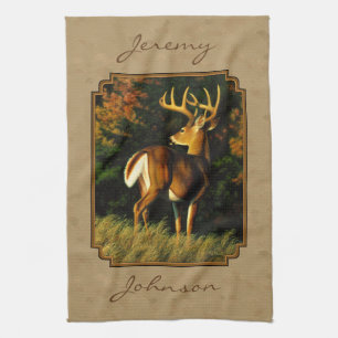 Whitetail Buck Deer Hunting Tan Tea Towel
