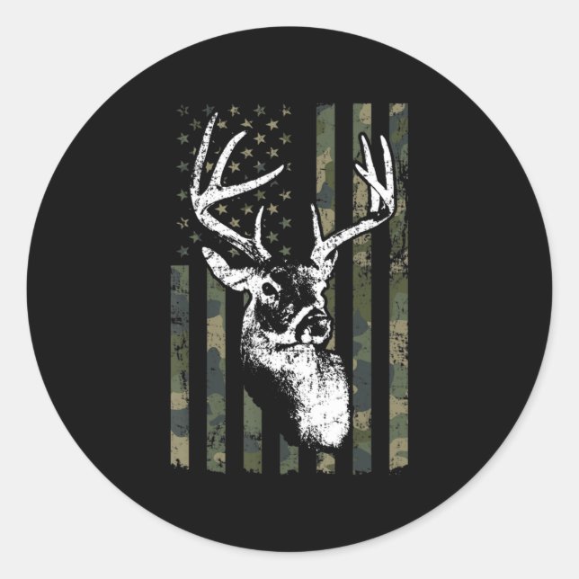 Whitetail Buck Deer Hunting USA Camouflage America Classic Round Sticker (Front)