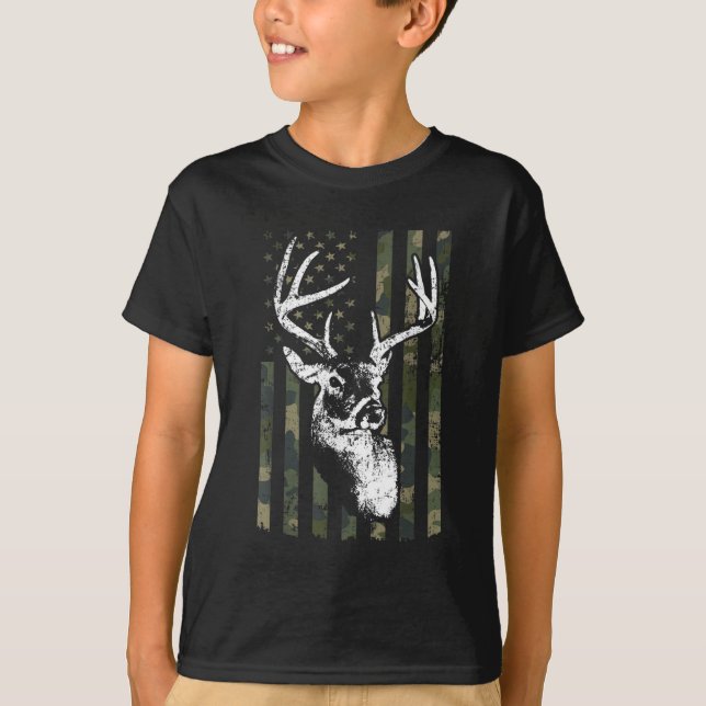 Whitetail Buck Deer Hunting USA Camouflage America T-Shirt (Front)
