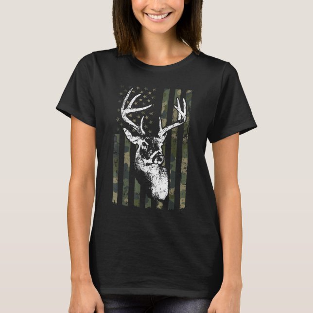 Whitetail Buck Deer Hunting USA Camouflage America T-Shirt (Front)