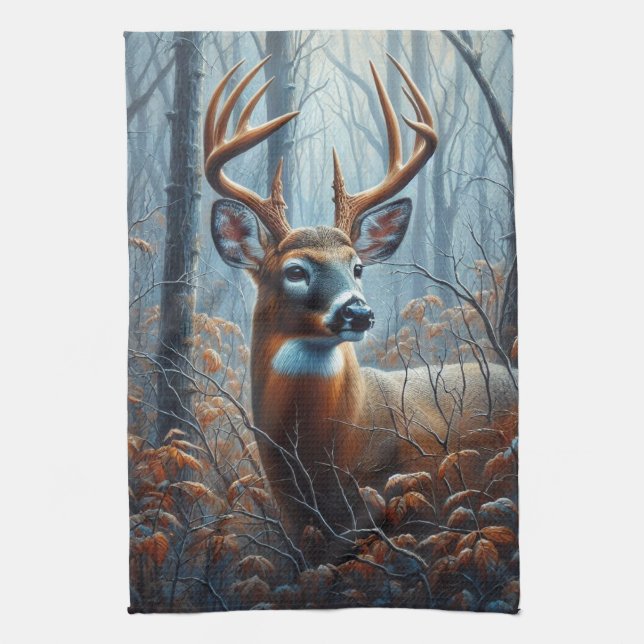 Whitetail Buck Deer in Forest Tea Towel (Vertical)