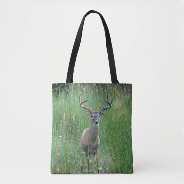 Whitetail Buck in Meadow Printed Tote Bag (Front)