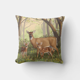 Whitetail Deer and Cute Twin Fawns In Spring Cushion