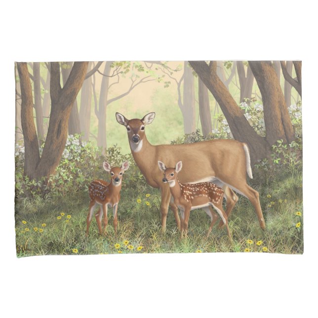 Whitetail Deer and Cute Twin Fawns In Spring Pillowcase (Front-Right)