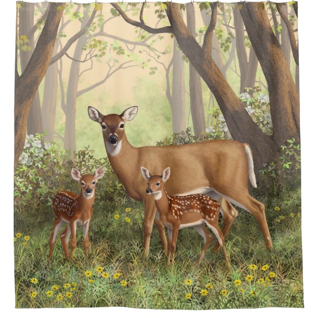 Whitetail Deer and Cute Twin Fawns In Spring Shower Curtain (Front)