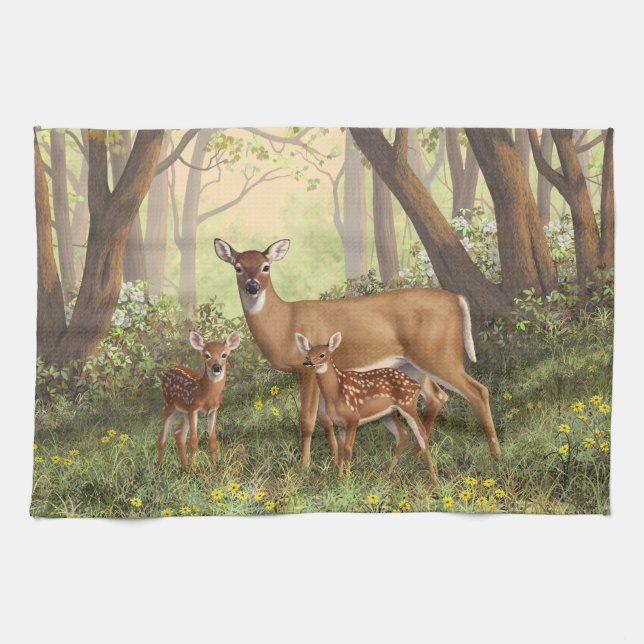 Whitetail Deer and Cute Twin Fawns In Spring Tea Towel (Horizontal)