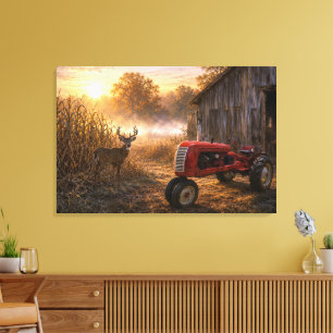 Whitetail Deer and Vintage Tractor in Morning Mist Canvas Print
