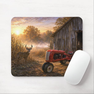 Whitetail Deer and Vintage Tractor in Morning Mist Mouse Pad