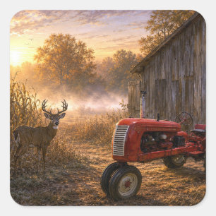 Whitetail Deer and Vintage Tractor in Morning Mist Square Sticker