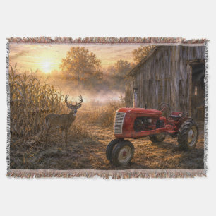Whitetail Deer and Vintage Tractor in Morning Mist Throw Blanket
