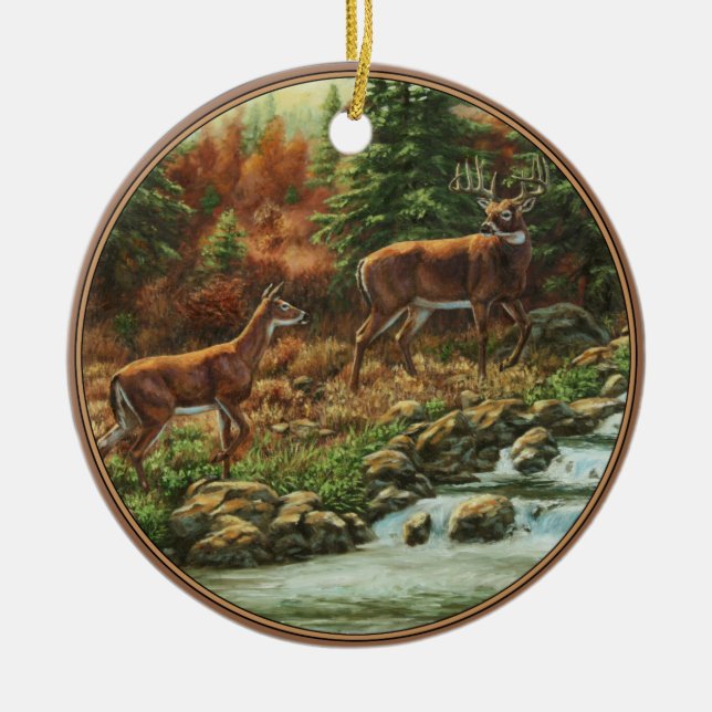 Whitetail Deer and Waterfall Ceramic Tree Decoration (Front)