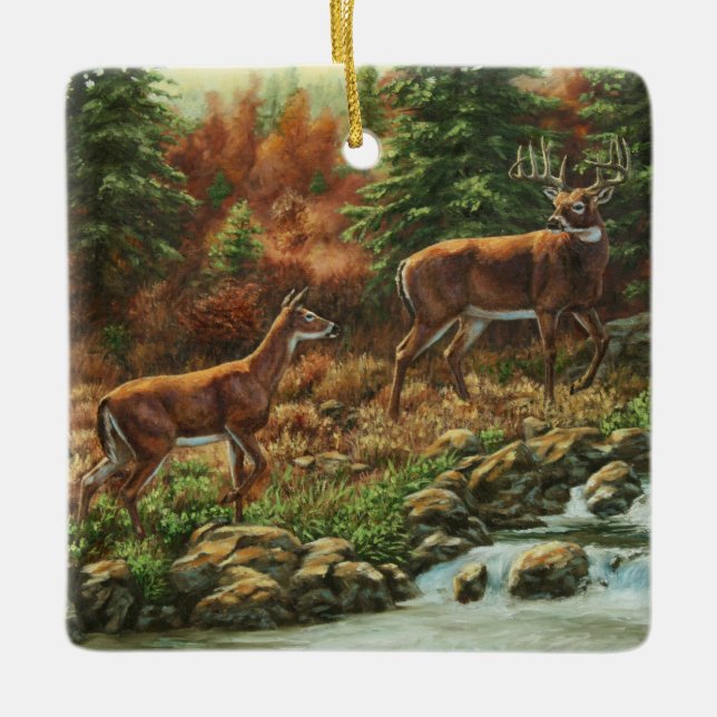 Whitetail Deer and Waterfall Ceramic Tree Decoration (Front)