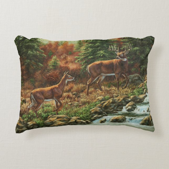 Whitetail Deer and Waterfall Decorative Cushion (Front)