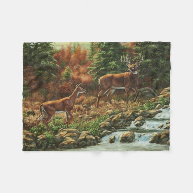 Whitetail Deer and Waterfall Fleece Blanket (Front (Horizontal))