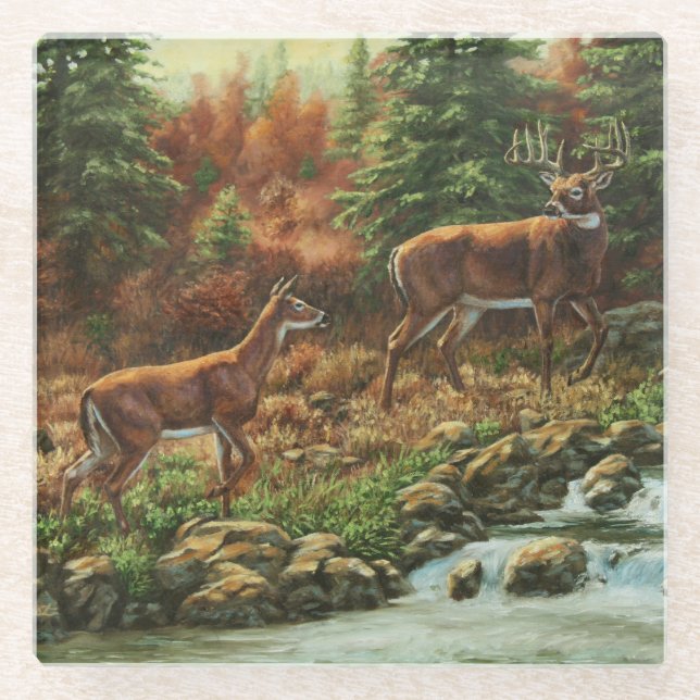 Whitetail Deer and Waterfall Glass Coaster (Front)