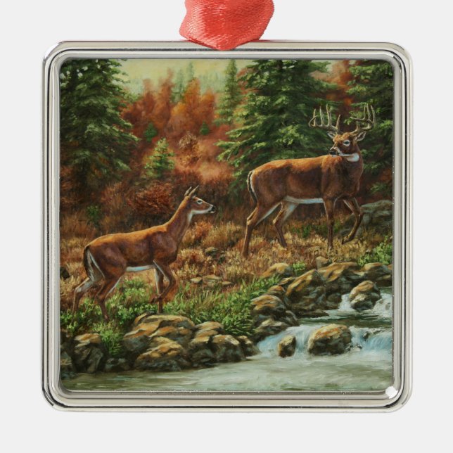 Whitetail Deer and Waterfall Metal Tree Decoration (Front)