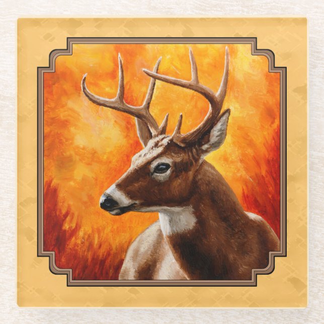 Whitetail Deer Autumn Gold Glass Coaster (Front)
