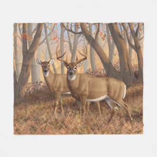 Whitetail Deer Buck & Doe Autumn Maple Woods Fleece Blanket