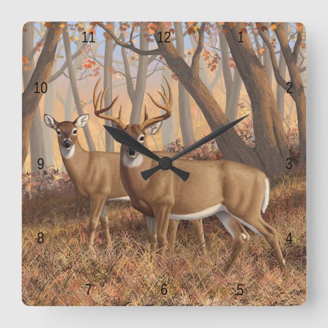 Whitetail Deer Buck & Doe Autumn Maple Woods Square Wall Clock (Front)