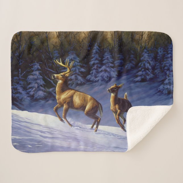 Whitetail Deer Buck & Doe in Winter Snow Sherpa Blanket (Front (Horizontal))