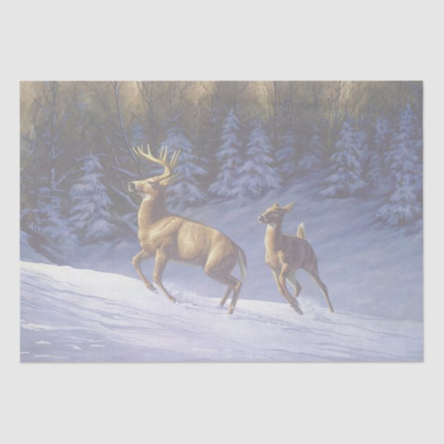 Whitetail Deer Buck & Doe in Winter Snow Tissue Paper (Front)