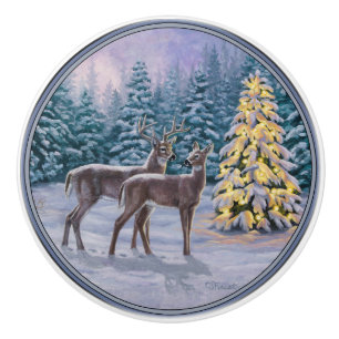 Whitetail Deer & Christmas Tree Winter Scene Ceramic Knob