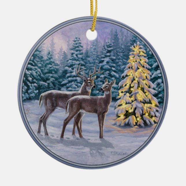 Whitetail Deer & Christmas Tree Winter Scene Ceramic Tree Decoration (Front)