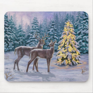 Whitetail Deer & Christmas Tree Winter Scene Mouse Pad