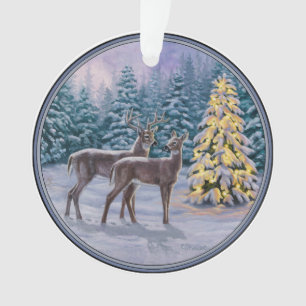 Whitetail Deer & Christmas Tree Winter Scene Ornament