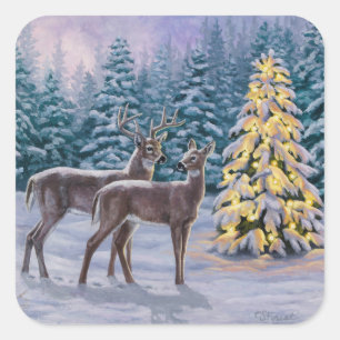 Whitetail Deer & Christmas Tree Winter Scene Square Sticker