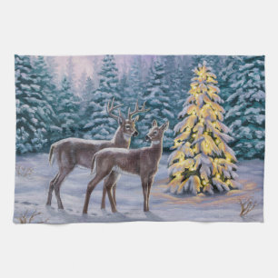 Whitetail Deer & Christmas Tree Winter Scene Tea Towel