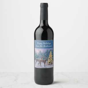 Whitetail Deer & Christmas Tree Winter Scene Wine Label
