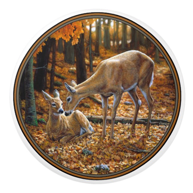 Whitetail Deer Doe and Fawn Autumn Ceramic Knob (Front)