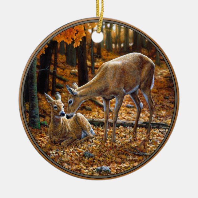 Whitetail Deer Doe and Fawn Autumn Ceramic Tree Decoration (Front)
