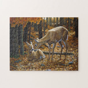 Whitetail Deer Doe and Fawn Autumn Jigsaw Puzzle