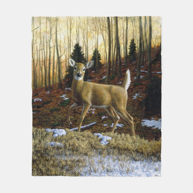 Whitetail Deer Doe in Autumn Forest Fleece Blanket (Front)