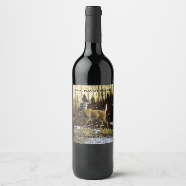 Whitetail Deer Doe in Autumn Forest Wine Label (Front)
