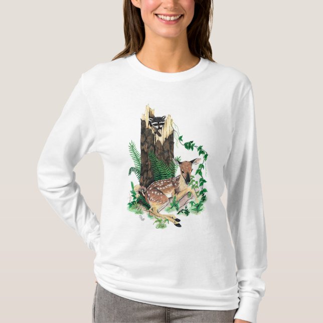 Whitetail Deer Fawn and Racoon Hoodie / Sweatshirt T-Shirt (Front)