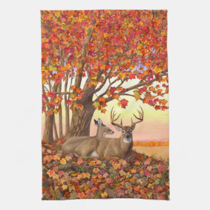 Whitetail Deer in Autumn New England Fall Colours Tea Towel