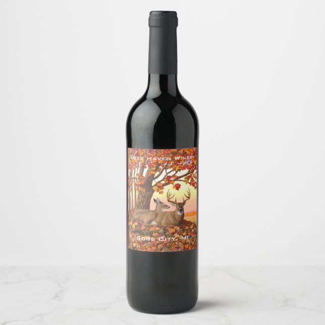 Whitetail Deer in Autumn New England Fall Colours Wine Label (Front)