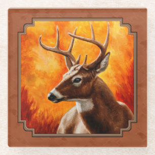 Whitetail Deer in Autumn Reddish Brown Glass Coaster