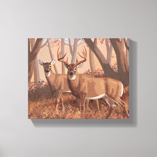 Whitetail Deer In Forest Retro Style Nature Canvas Print (Front)