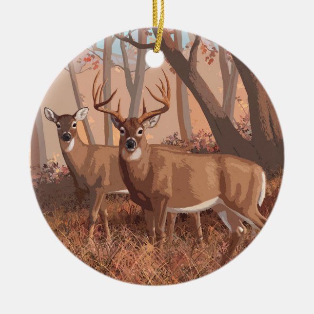 Whitetail Deer In Forest Retro Style Nature Ceramic Tree Decoration (Front)