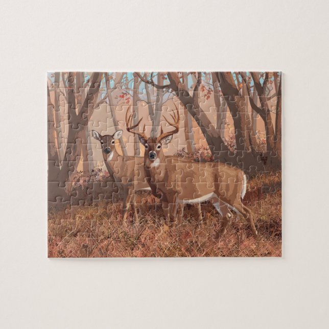Whitetail Deer In Forest Retro Style Nature Jigsaw Puzzle (Horizontal)