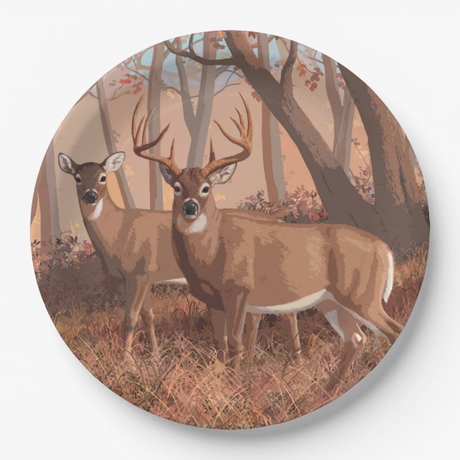 Whitetail Deer In Forest Retro Style Nature Paper Plate (Front)
