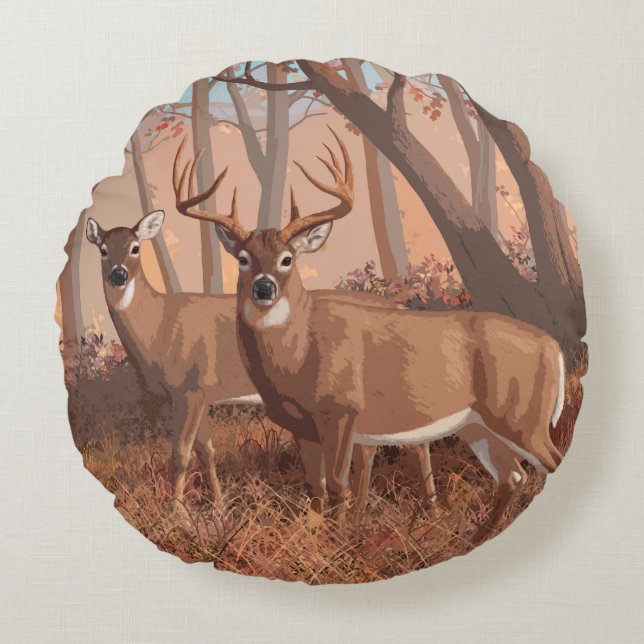 Whitetail Deer In Forest Retro Style Nature Round Cushion (Front)